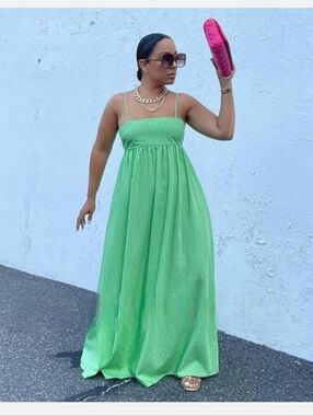 ZARA POPLIN PINSTRIPE DRESS GREEN